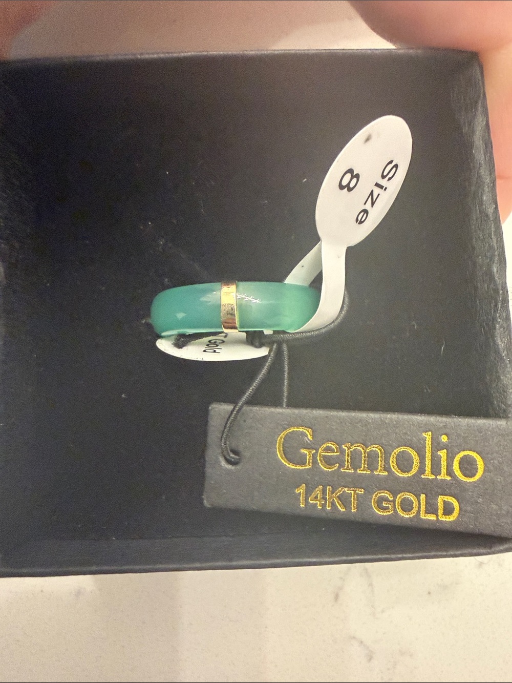 Gemolio 14KT Gold Band with genuine chalcedony Green Stone (Size 8)